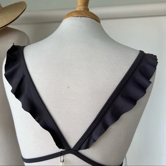DARK GREY NWT RUFFLE TRIMMED BIKINI TOP - Picture 6 of 8